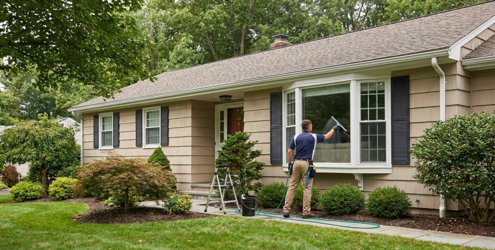 Window cleaner washing a one-story homeâs exterior windows in Danbury, Connecticut